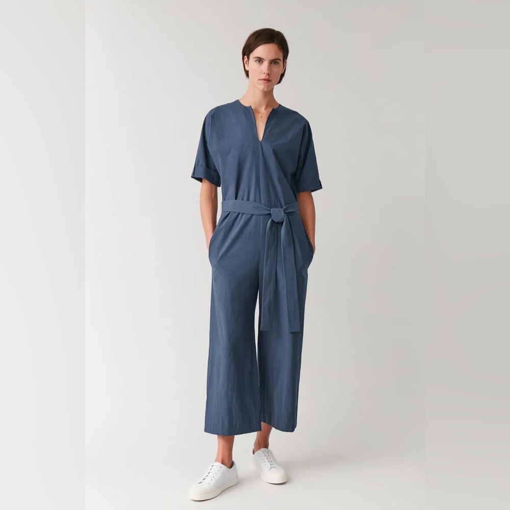 COS Blue Tie-Waist Short-Sleeve Jumpsuit